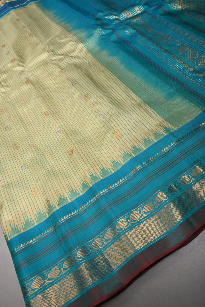 Khaki Green Checks Pattern on Pure Gadwal Silk Saree with Gold-Silver Zari Buttas and Contrast Zari Border | SILK MARK CERTIFIED | SHOBITAM