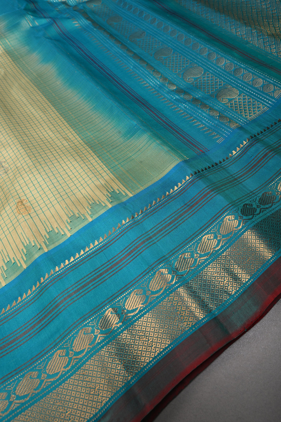 Khaki Green Checks Pattern on Pure Gadwal Silk Saree with Gold-Silver Zari Buttas and Contrast Zari Border | SILK MARK CERTIFIED | SHOBITAM
