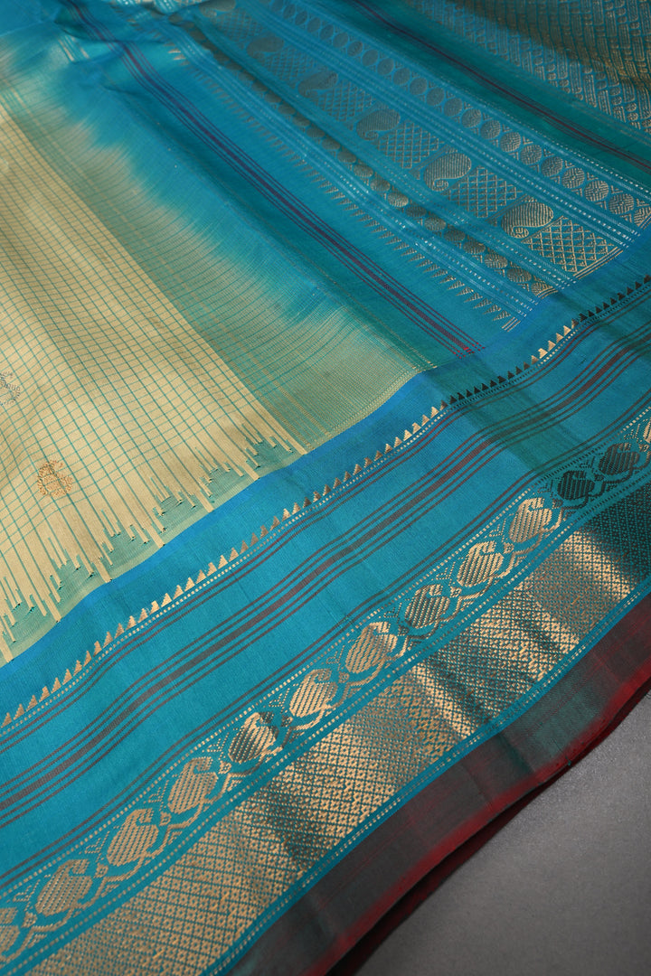 Khaki Green Checks Pattern on Pure Gadwal Silk Saree with Gold-Silver Zari Buttas and Contrast Zari Border | SILK MARK CERTIFIED | SHOBITAM
