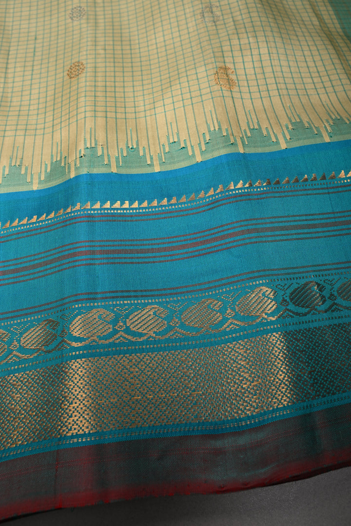 Khaki Green Checks Pattern on Pure Gadwal Silk Saree with Gold-Silver Zari Buttas and Contrast Zari Border | SILK MARK CERTIFIED | SHOBITAM