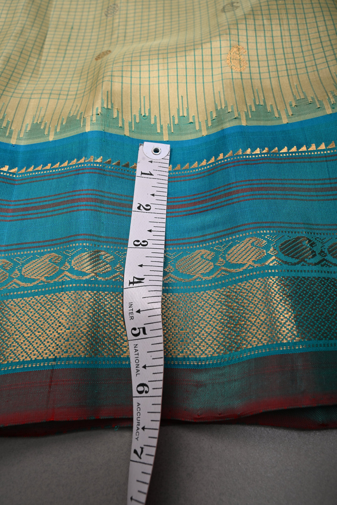 Khaki Green Checks Pattern on Pure Gadwal Silk Saree with Gold-Silver Zari Buttas and Contrast Zari Border | SILK MARK CERTIFIED | SHOBITAM