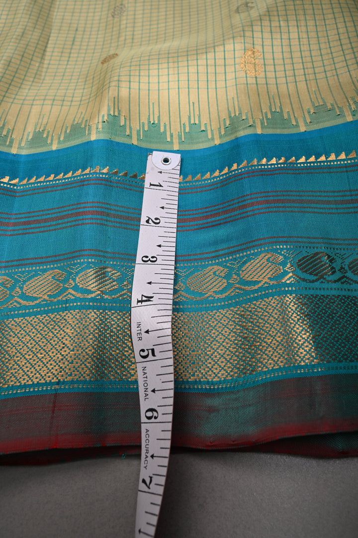 Khaki Green Checks Pattern on Pure Gadwal Silk Saree with Gold-Silver Zari Buttas and Contrast Zari Border | SILK MARK CERTIFIED | SHOBITAM