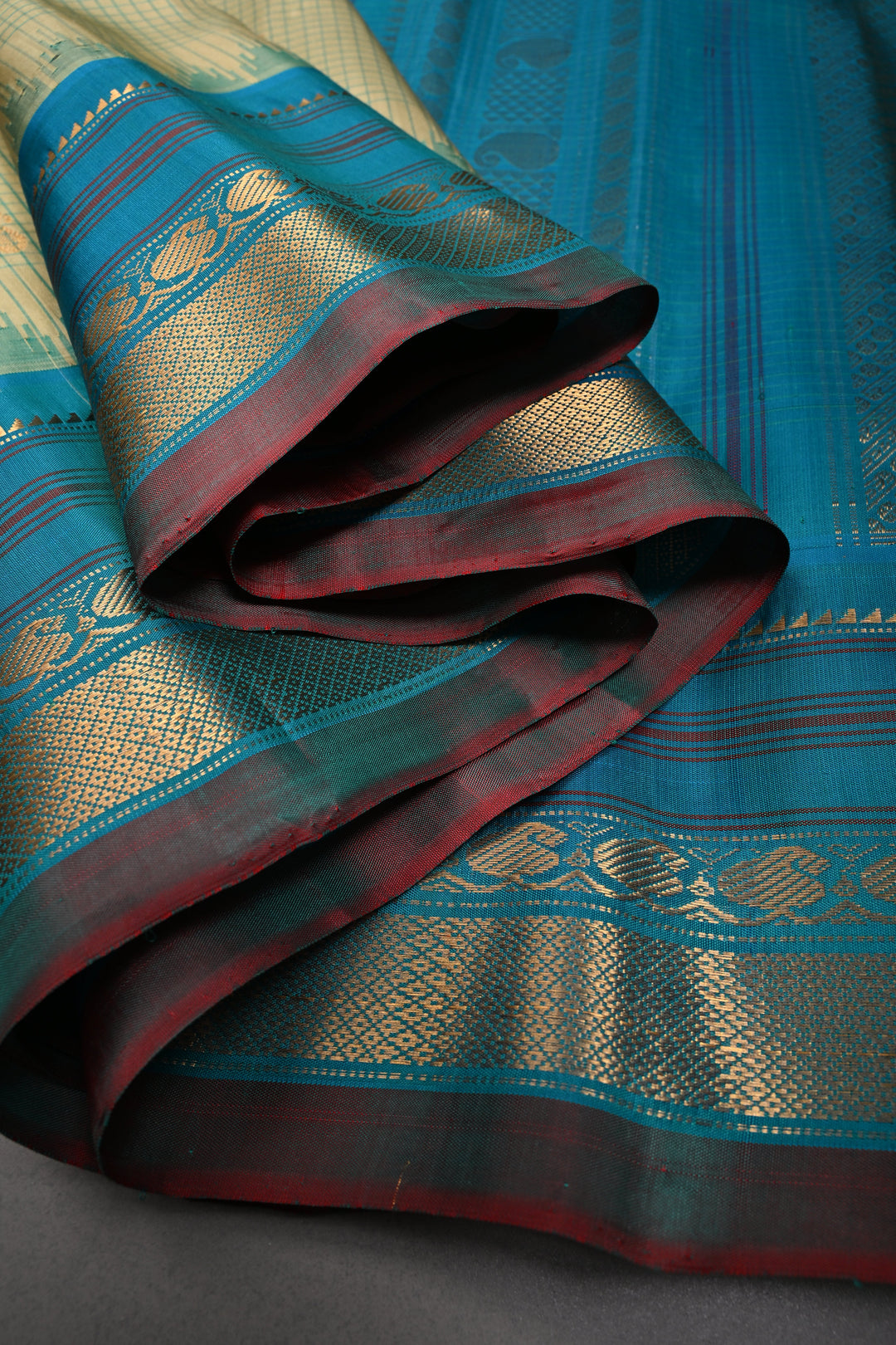 Khaki Green Checks Pattern on Pure Gadwal Silk Saree with Gold-Silver Zari Buttas and Contrast Zari Border | SILK MARK CERTIFIED | SHOBITAM