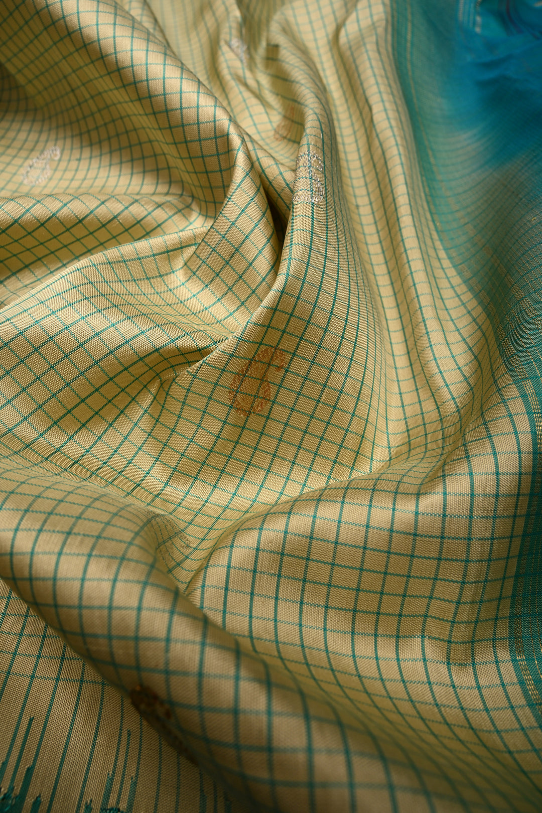 Khaki Green Checks Pattern on Pure Gadwal Silk Saree with Gold-Silver Zari Buttas and Contrast Zari Border | SILK MARK CERTIFIED | SHOBITAM