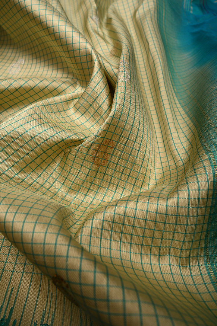 Khaki Green Checks Pattern on Pure Gadwal Silk Saree with Gold-Silver Zari Buttas and Contrast Zari Border | SILK MARK CERTIFIED | SHOBITAM