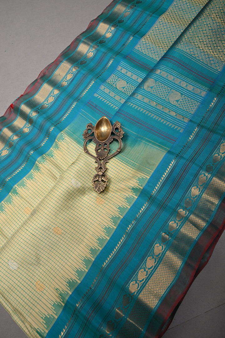 Khaki Green Checks Pattern on Pure Gadwal Silk Saree with Gold-Silver Zari Buttas and Contrast Zari Border | SILK MARK CERTIFIED | SHOBITAM