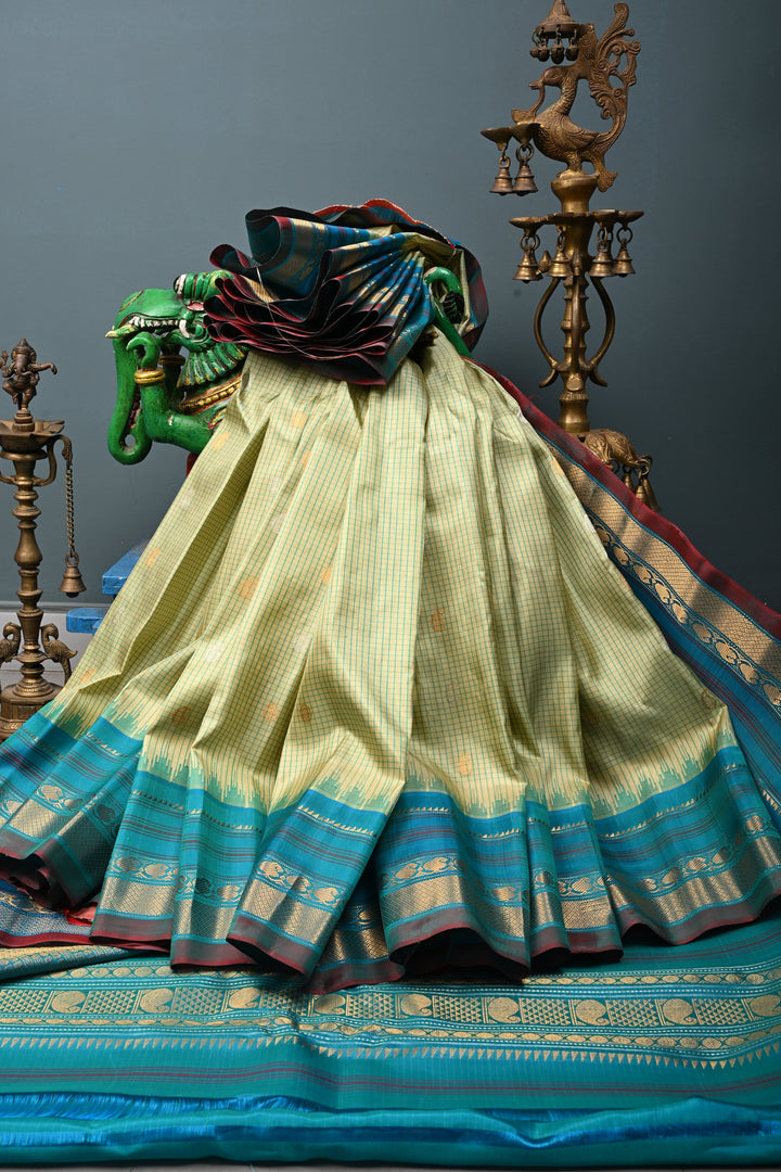 Khaki Green Checks Pattern on Pure Gadwal Silk Saree with Gold-Silver Zari Buttas and Contrast Zari Border | SILK MARK CERTIFIED | SHOBITAM