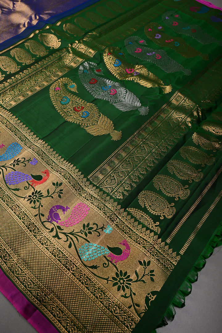Blue-Gold Pure Gadwal Silk Saree with Brocade and Contrast Meenakari Paithani Style Zari Border | SILK MARK CERTIFIED | SHOBITAM