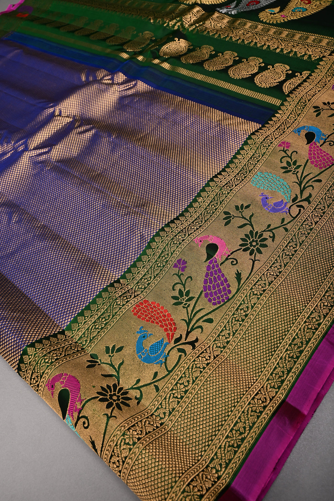 Blue-Gold Pure Gadwal Silk Saree with Brocade and Contrast Meenakari Paithani Style Zari Border | SILK MARK CERTIFIED | SHOBITAM