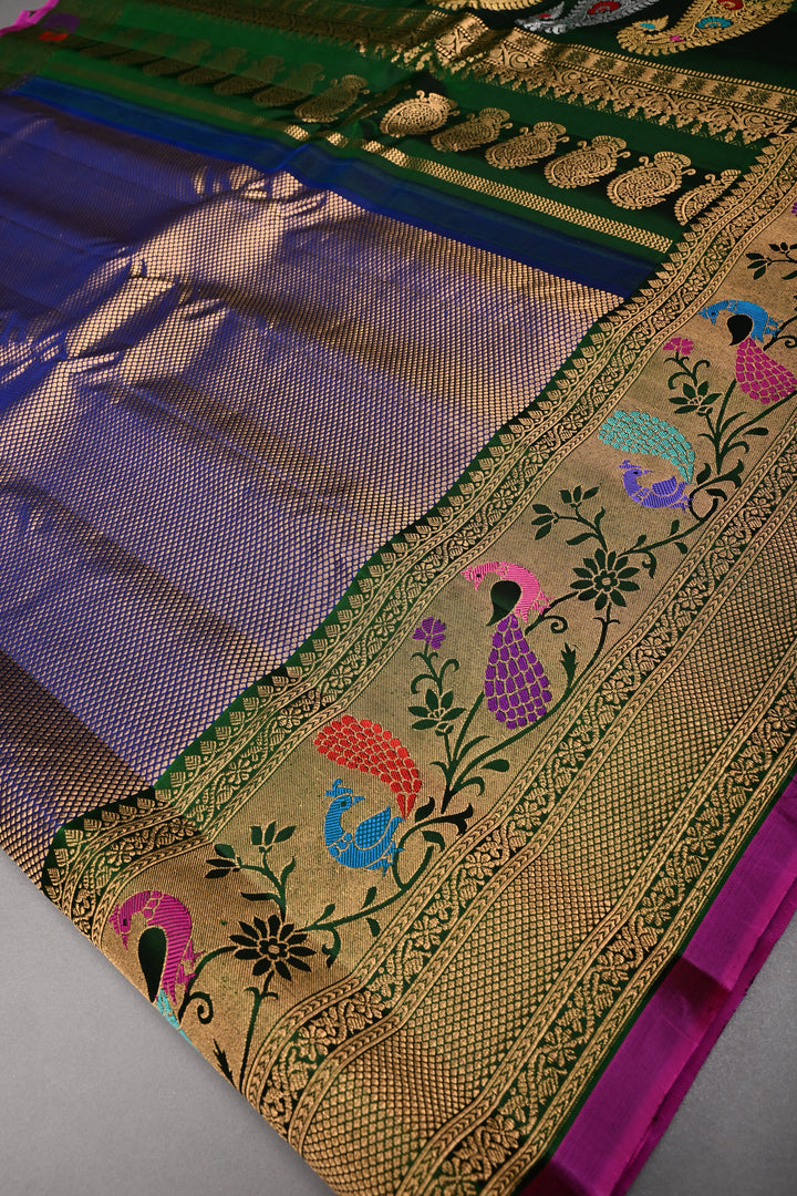 Blue-Gold Pure Gadwal Silk Saree with Brocade and Contrast Meenakari Paithani Style Zari Border | SILK MARK CERTIFIED | SHOBITAM