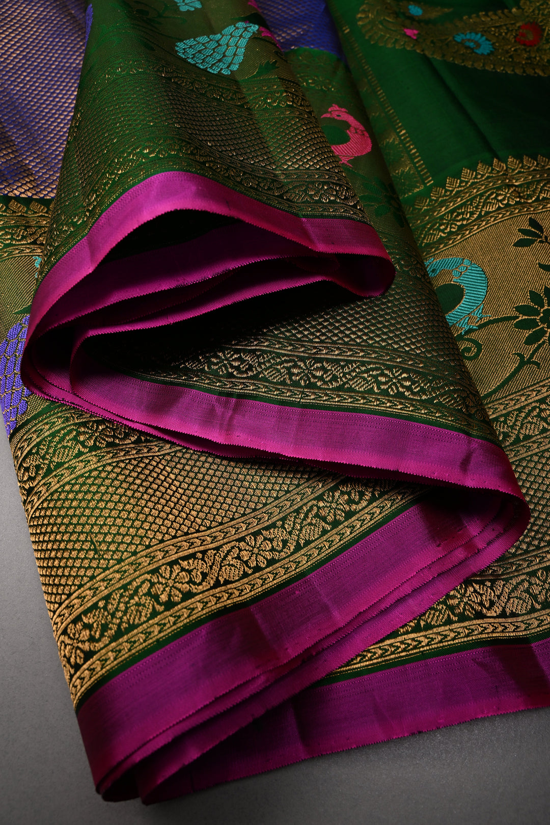 Blue-Gold Pure Gadwal Silk Saree with Brocade and Contrast Meenakari Paithani Style Zari Border | SILK MARK CERTIFIED | SHOBITAM