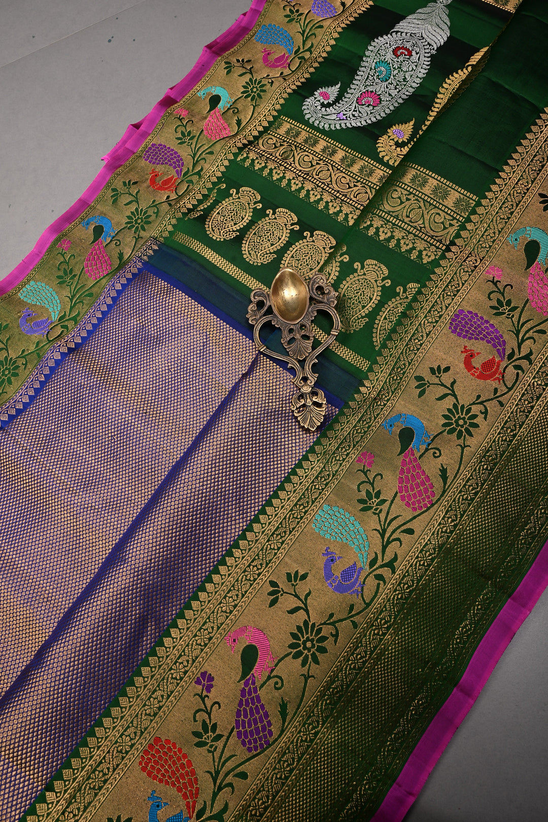 Blue-Gold Pure Gadwal Silk Saree with Brocade and Contrast Meenakari Paithani Style Zari Border | SILK MARK CERTIFIED | SHOBITAM