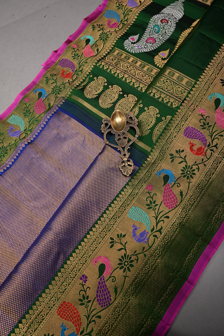 Blue-Gold Pure Gadwal Silk Saree with Brocade and Contrast Meenakari Paithani Style Zari Border | SILK MARK CERTIFIED | SHOBITAM