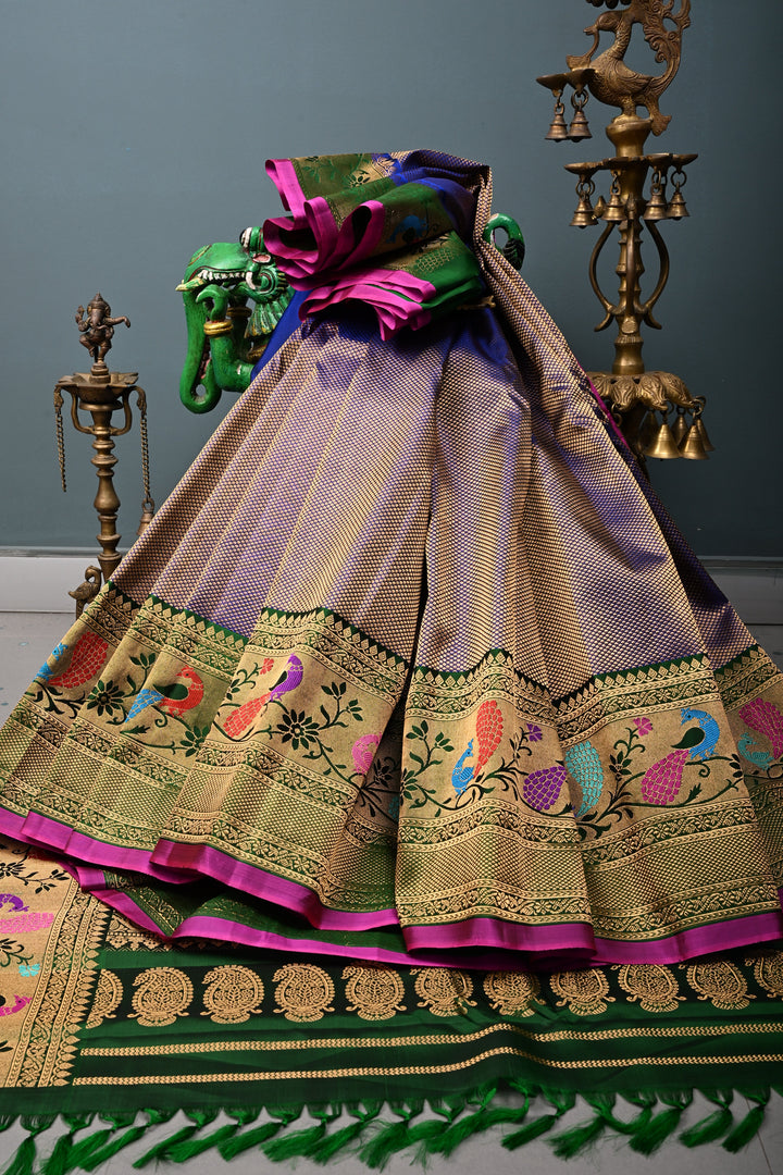 Blue-Gold Pure Gadwal Silk Saree with Brocade and Contrast Meenakari Paithani Style Zari Border | SILK MARK CERTIFIED | SHOBITAM