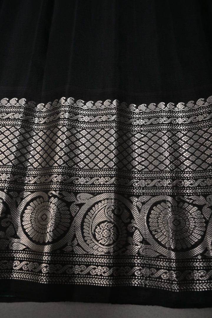 Sea Green Pure Gadwal Silk Saree with Silver Buttas and Contrast Black Zari Border| SILK MARK CERTIFIED | SHOBITAM
