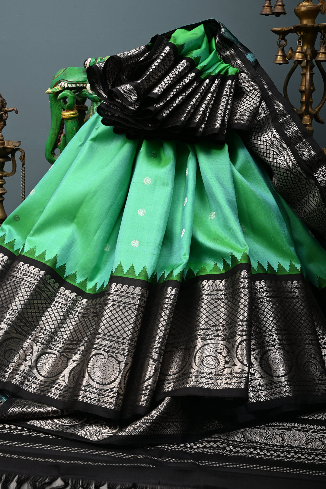 Sea Green Pure Gadwal Silk Saree with Silver Buttas and Contrast Black Zari Border| SILK MARK CERTIFIED | SHOBITAM
