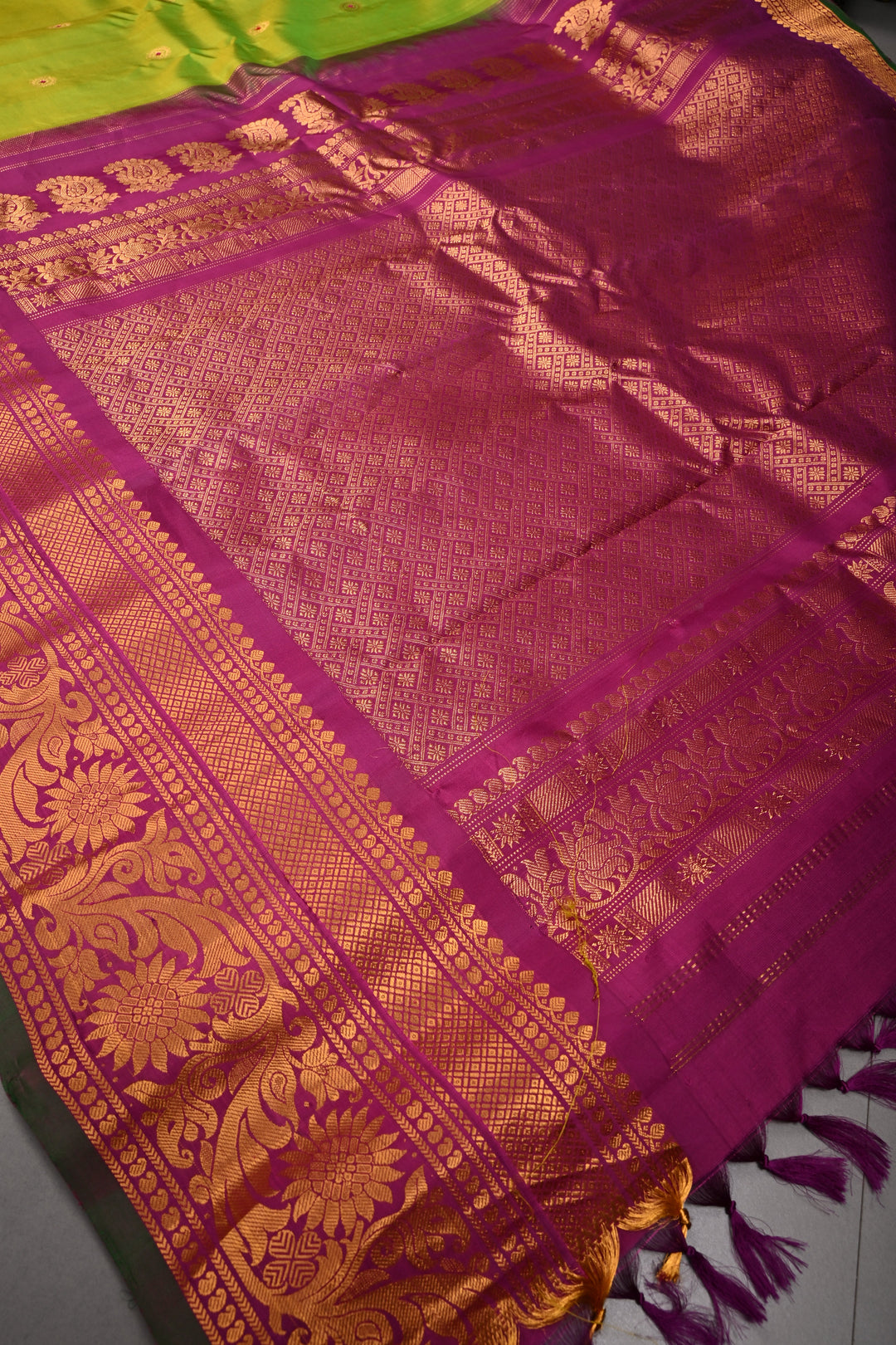 Chartreuse Pure Gadwal Silk Saree with Meenakari Buttas and Contrast Zari Border | SILK MARK CERTIFIED | SHOBITAM