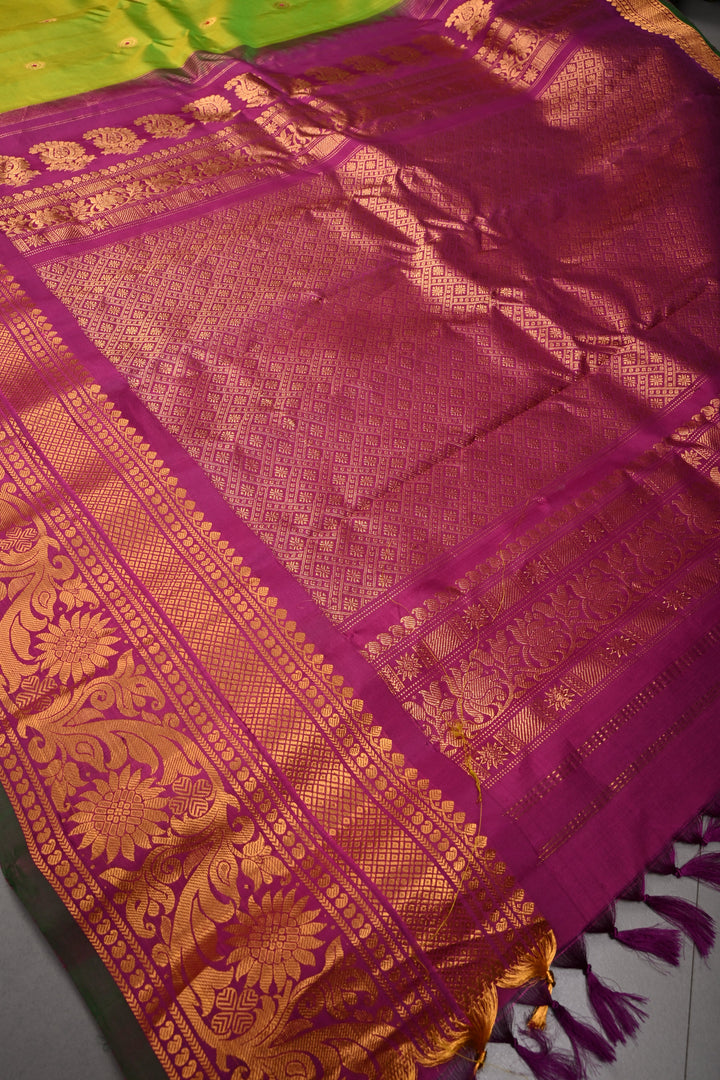 Chartreuse Pure Gadwal Silk Saree with Meenakari Buttas and Contrast Zari Border | SILK MARK CERTIFIED | SHOBITAM
