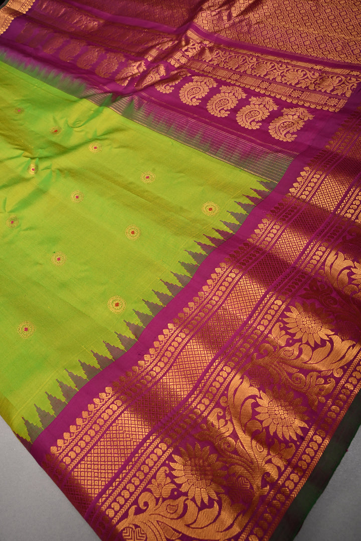 Chartreuse Pure Gadwal Silk Saree with Meenakari Buttas and Contrast Zari Border | SILK MARK CERTIFIED | SHOBITAM
