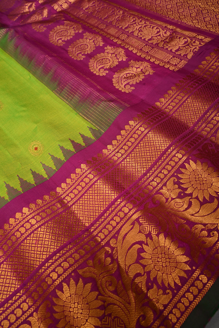 Chartreuse Pure Gadwal Silk Saree with Meenakari Buttas and Contrast Zari Border | SILK MARK CERTIFIED | SHOBITAM
