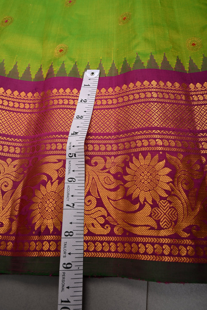 Chartreuse Pure Gadwal Silk Saree with Meenakari Buttas and Contrast Zari Border | SILK MARK CERTIFIED | SHOBITAM