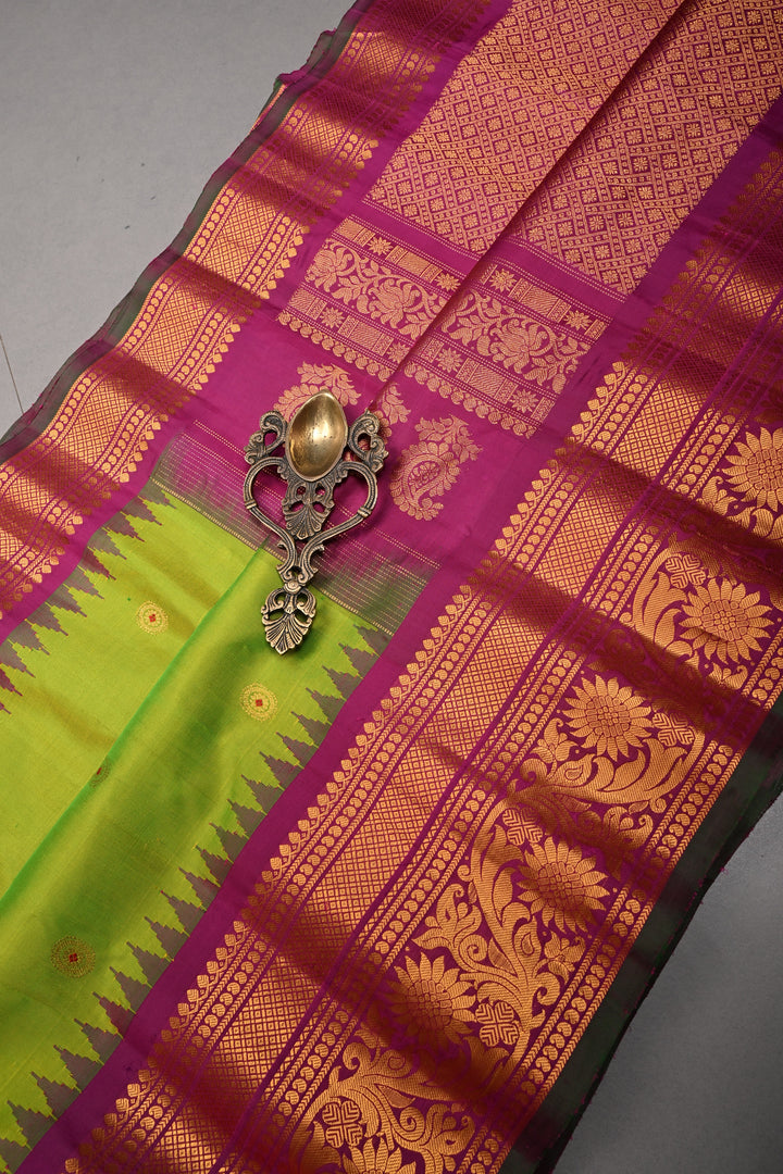 Chartreuse Pure Gadwal Silk Saree with Meenakari Buttas and Contrast Zari Border | SILK MARK CERTIFIED | SHOBITAM
