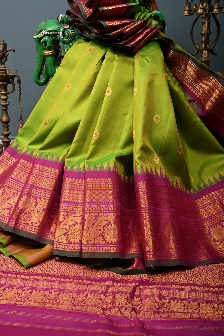 Chartreuse Pure Gadwal Silk Saree with Meenakari Buttas and Contrast Zari Border | SILK MARK CERTIFIED | SHOBITAM