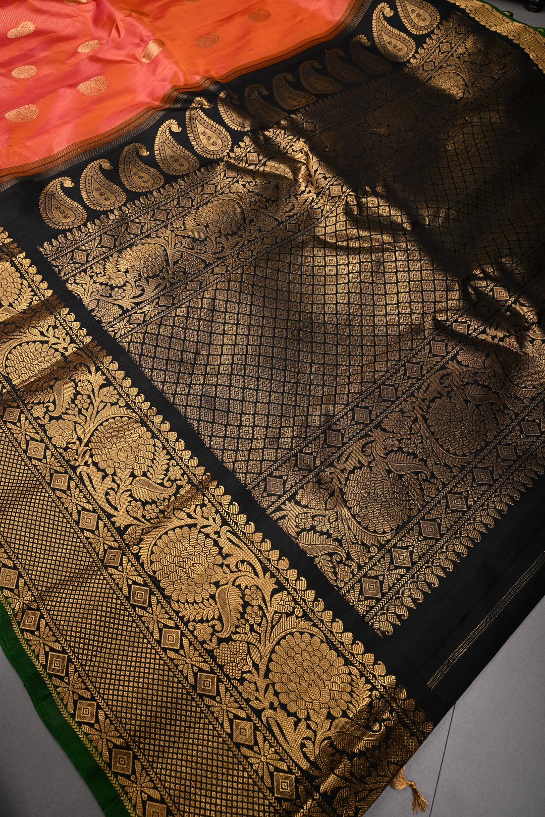 Kesari Dual Tone Vairaoosi Pin Zari Stripes Pure Gadwal Silk Saree with Zari Motifs and Contrast Zari Border | SILK MARK CERTIFIED