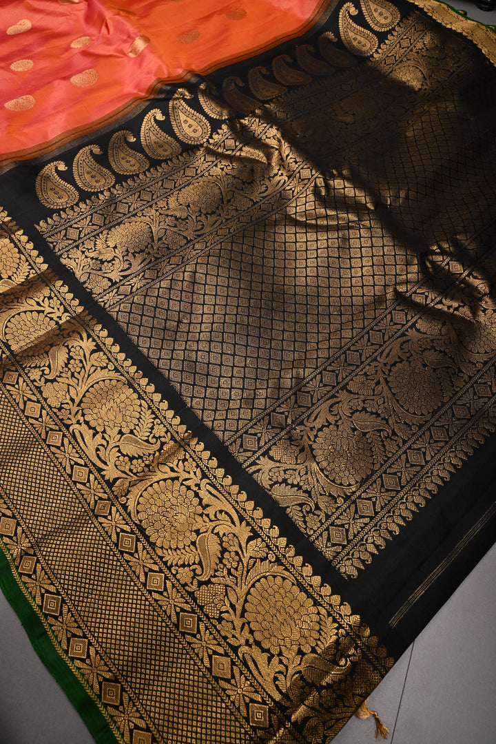 Kesari Dual Tone Vairaoosi Pin Zari Stripes Pure Gadwal Silk Saree with Zari Motifs and Contrast Zari Border | SILK MARK CERTIFIED