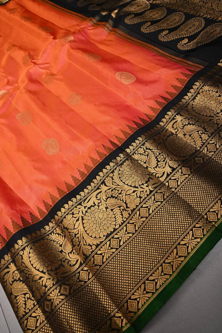 Kesari Dual Tone Vairaoosi Pin Zari Stripes Pure Gadwal Silk Saree with Zari Motifs and Contrast Zari Border | SILK MARK CERTIFIED