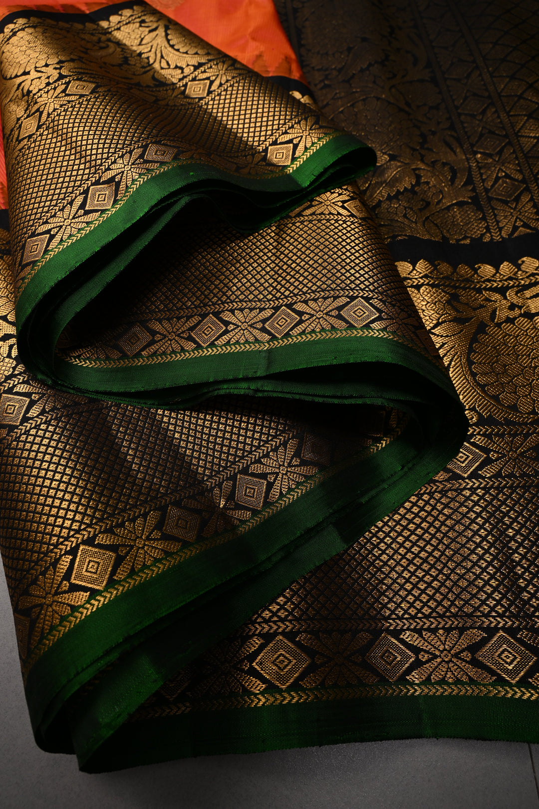 Kesari Dual Tone Vairaoosi Pin Zari Stripes Pure Gadwal Silk Saree with Zari Motifs and Contrast Zari Border | SILK MARK CERTIFIED