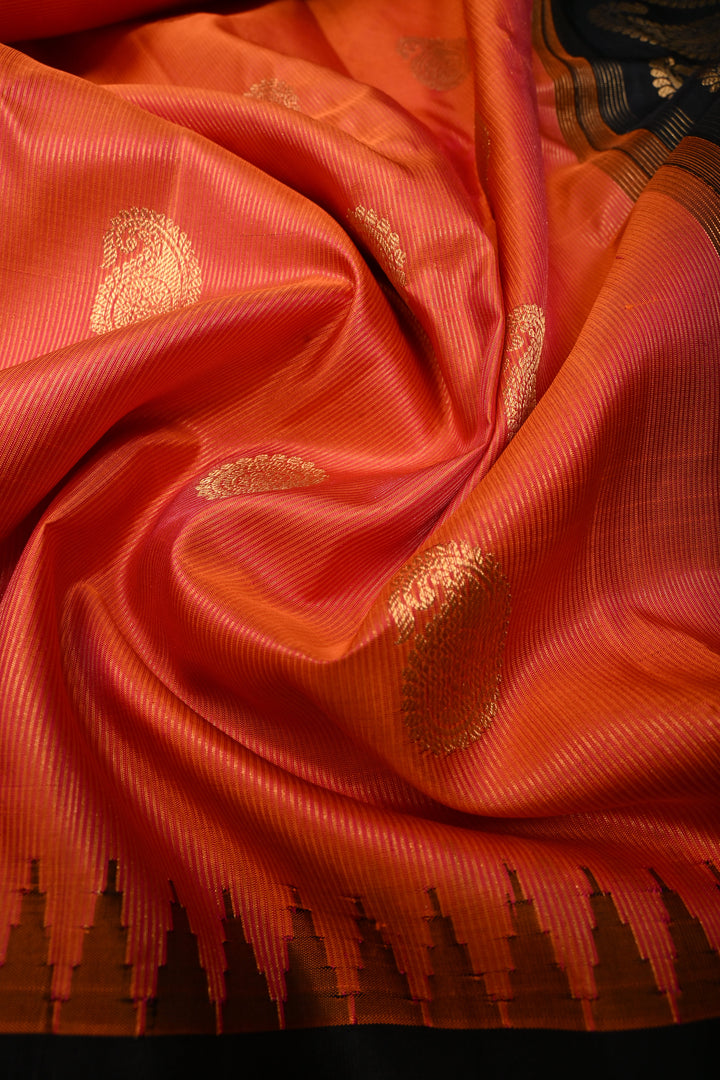 Kesari Dual Tone Vairaoosi Pin Zari Stripes Pure Gadwal Silk Saree with Zari Motifs and Contrast Zari Border | SILK MARK CERTIFIED