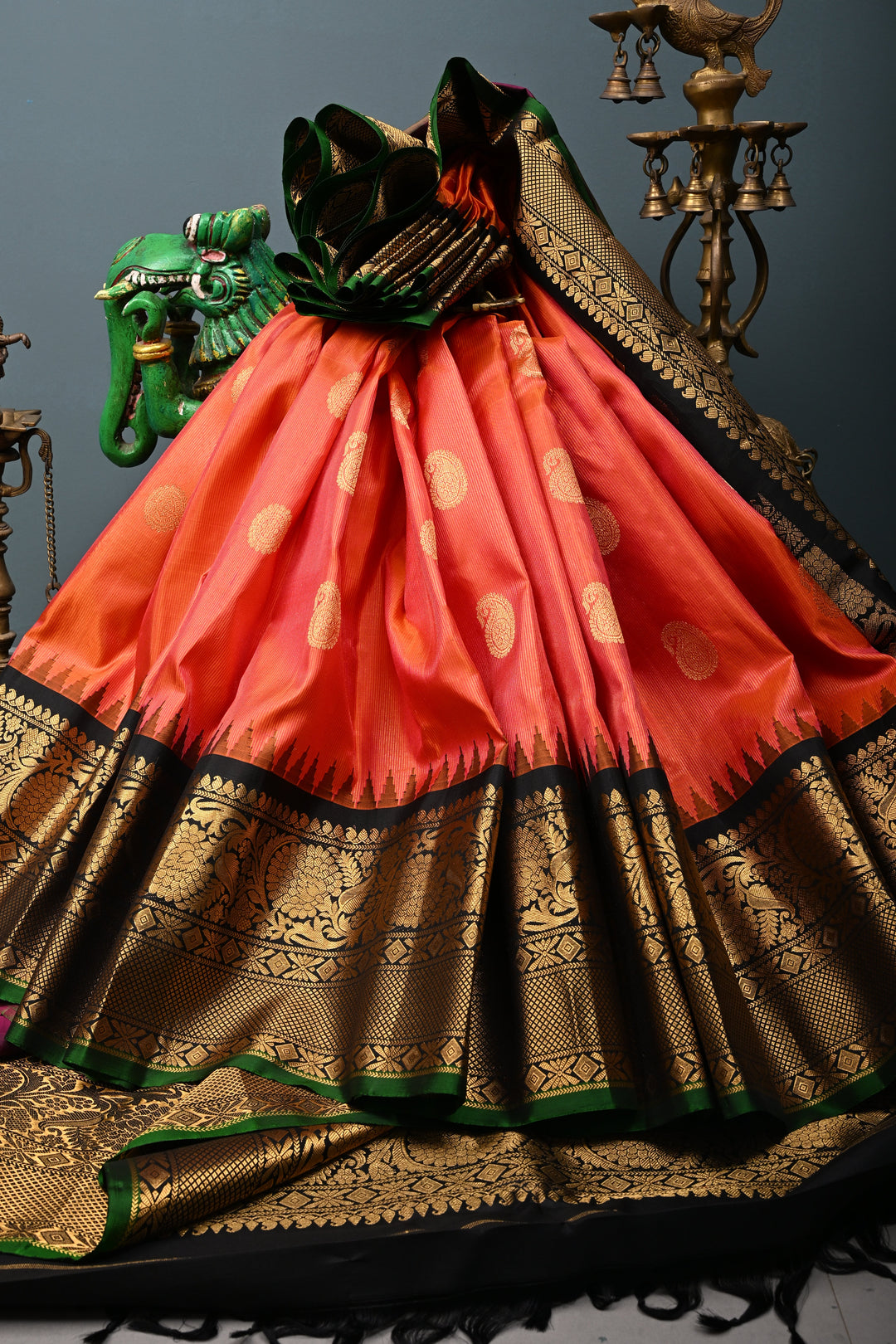 Kesari Dual Tone Vairaoosi Pin Zari Stripes Pure Gadwal Silk Saree with Zari Motifs and Contrast Zari Border | SILK MARK CERTIFIED
