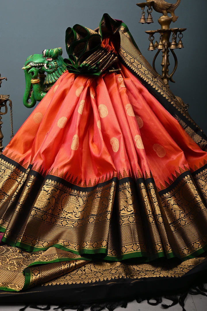 Kesari Dual Tone Vairaoosi Pin Zari Stripes Pure Gadwal Silk Saree with Zari Motifs and Contrast Zari Border | SILK MARK CERTIFIED