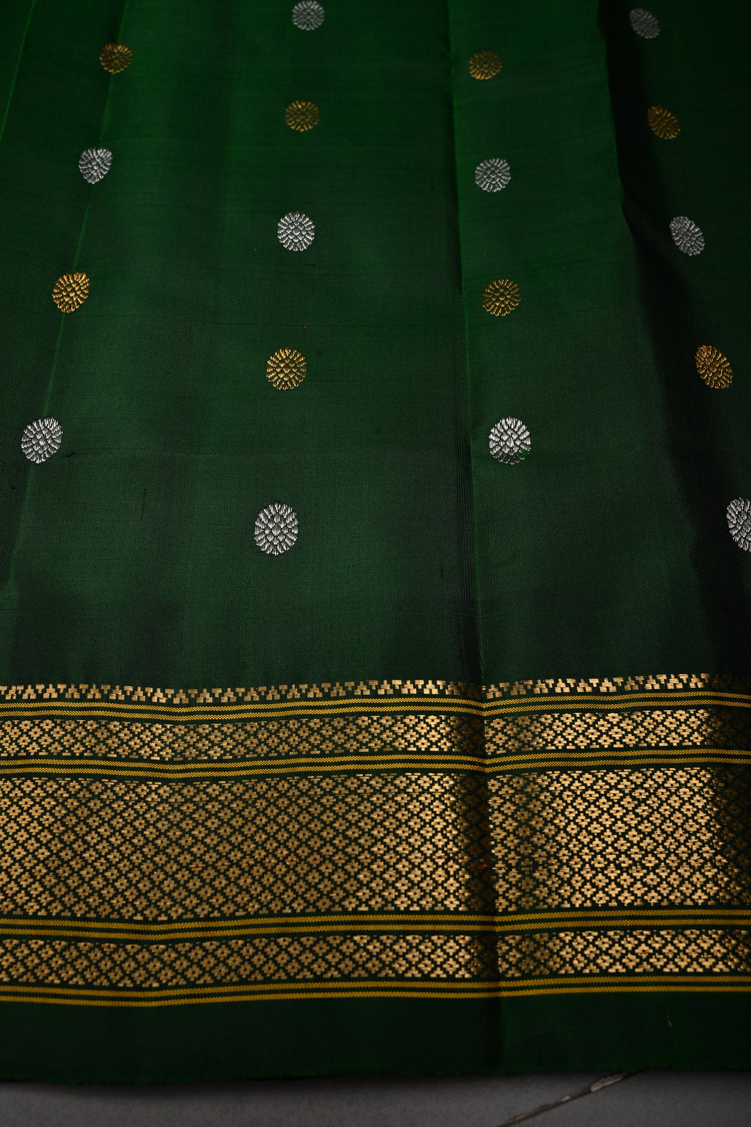 Gray Pure Gadwal Silk Saree with Meenakari Muniya Zari Buttas and Contrast Zari Border | SILK MARK CERTIFIED | SHOBITAM