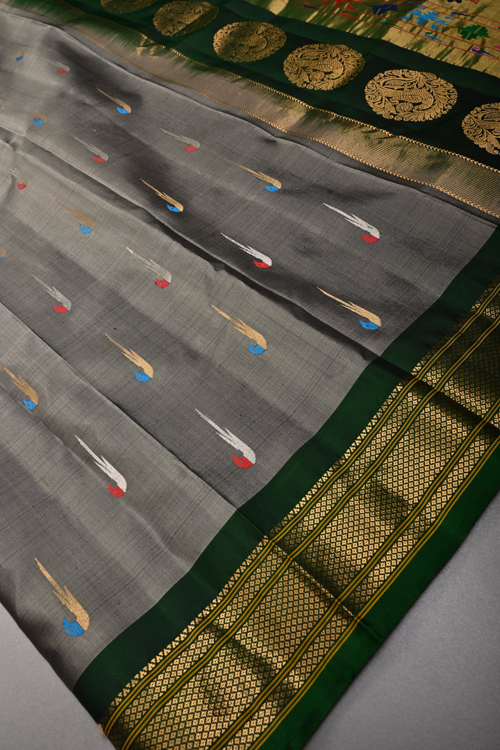 Gray Pure Gadwal Silk Saree with Meenakari Muniya Zari Buttas and Contrast Zari Border | SILK MARK CERTIFIED | SHOBITAM