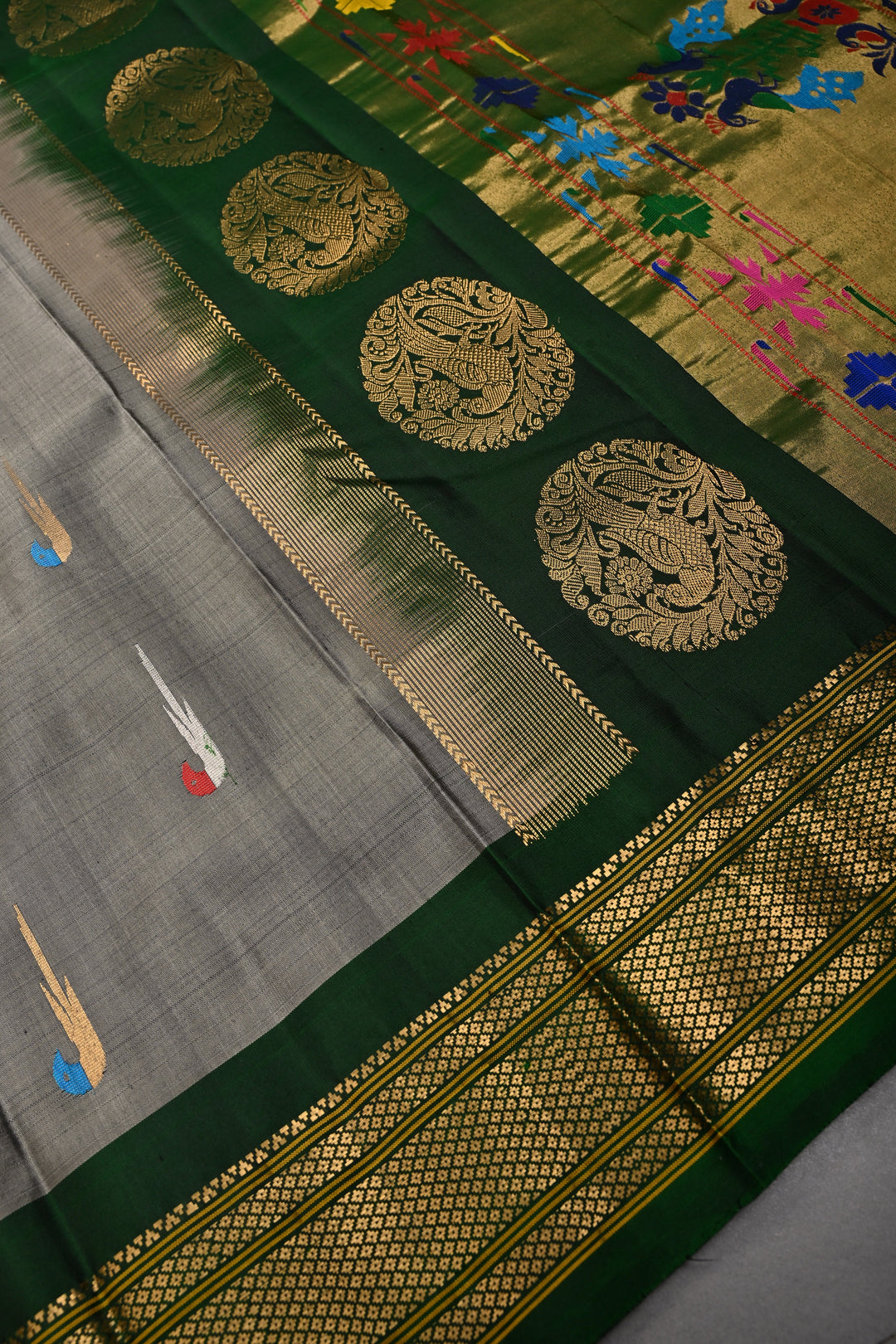 Gray Pure Gadwal Silk Saree with Meenakari Muniya Zari Buttas and Contrast Zari Border | SILK MARK CERTIFIED | SHOBITAM