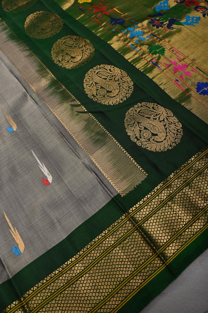 Gray Pure Gadwal Silk Saree with Meenakari Muniya Zari Buttas and Contrast Zari Border | SILK MARK CERTIFIED | SHOBITAM