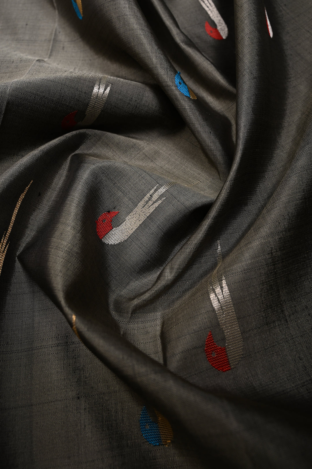 Gray Pure Gadwal Silk Saree with Meenakari Muniya Zari Buttas and Contrast Zari Border | SILK MARK CERTIFIED | SHOBITAM