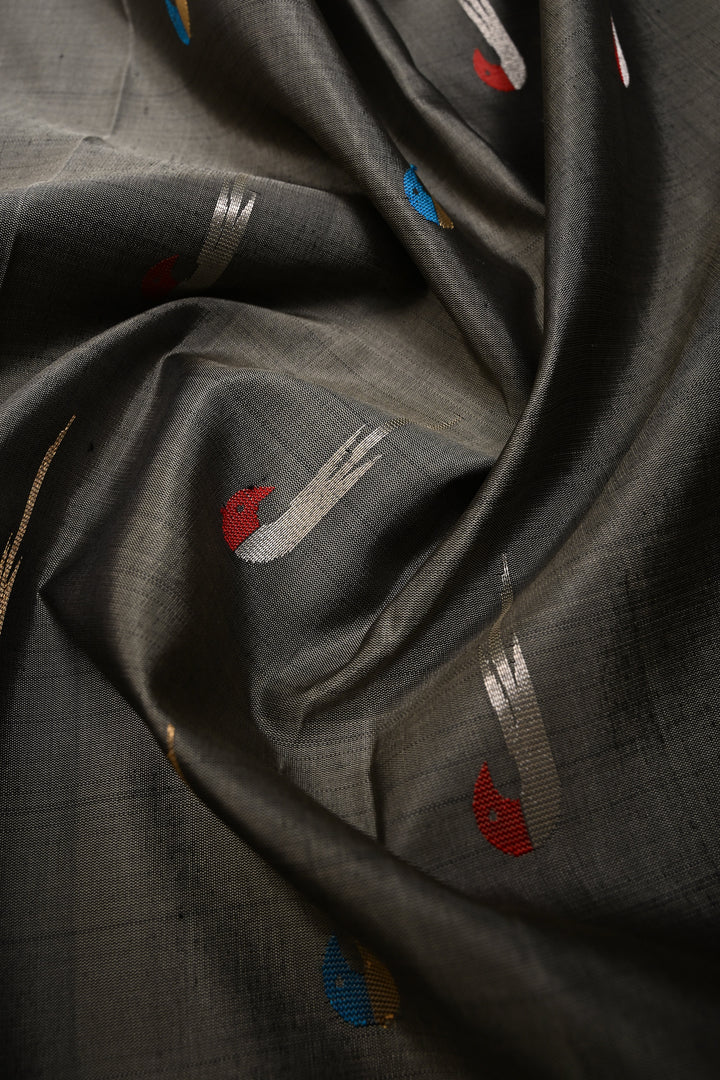 Gray Pure Gadwal Silk Saree with Meenakari Muniya Zari Buttas and Contrast Zari Border | SILK MARK CERTIFIED | SHOBITAM