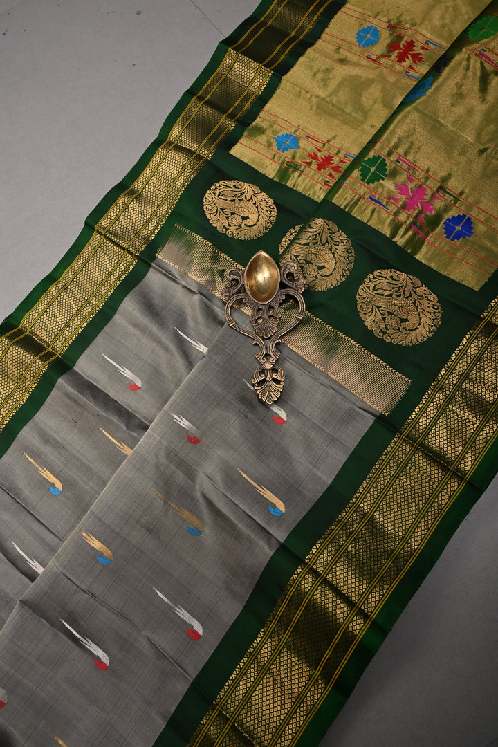Gray Pure Gadwal Silk Saree with Meenakari Muniya Zari Buttas and Contrast Zari Border | SILK MARK CERTIFIED | SHOBITAM