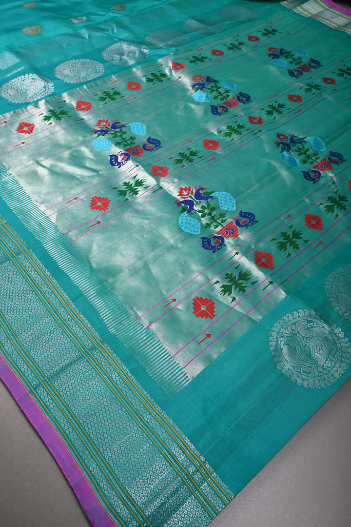 Turquoise Pure Gadwal Silk Saree with Gold Silver Buttas and Zari Border | SILK MARK CERTIFIED | SHOBITAM