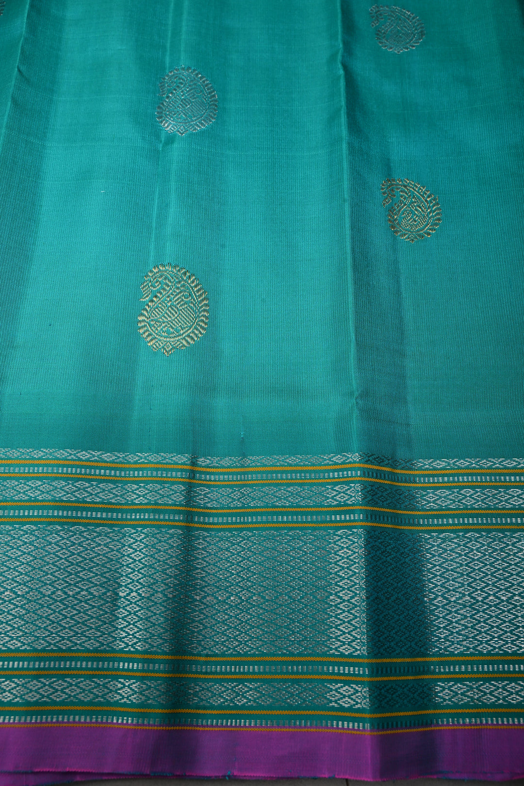 Turquoise Pure Gadwal Silk Saree with Gold Silver Buttas and Zari Border | SILK MARK CERTIFIED | SHOBITAM