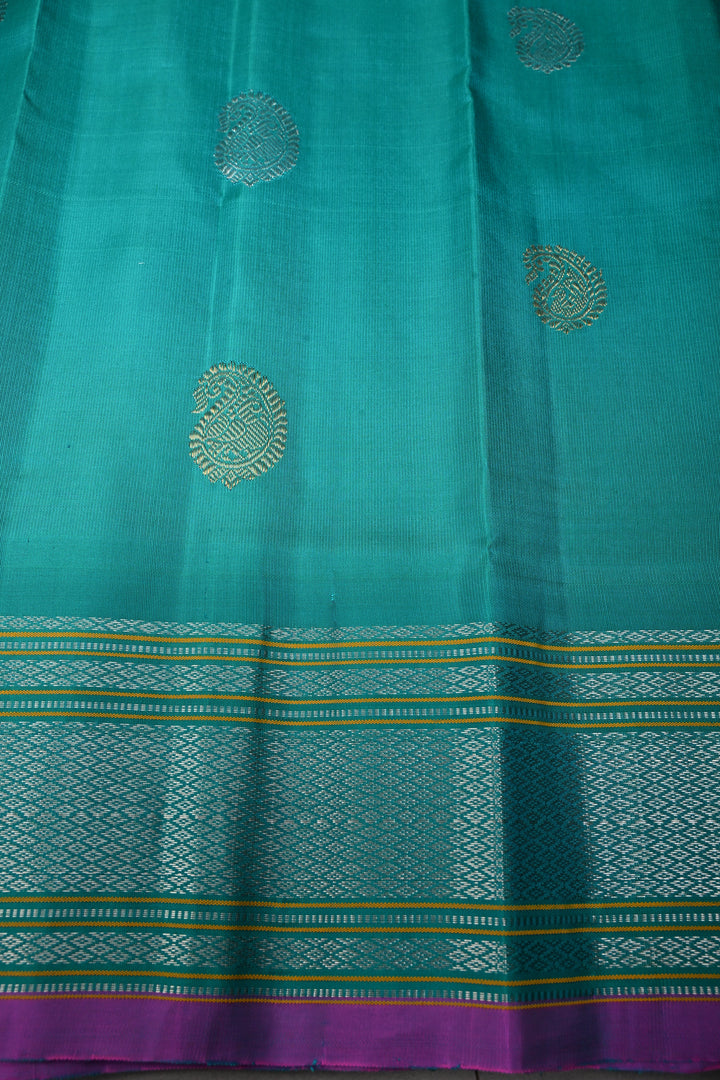 Turquoise Pure Gadwal Silk Saree with Gold Silver Buttas and Zari Border | SILK MARK CERTIFIED | SHOBITAM