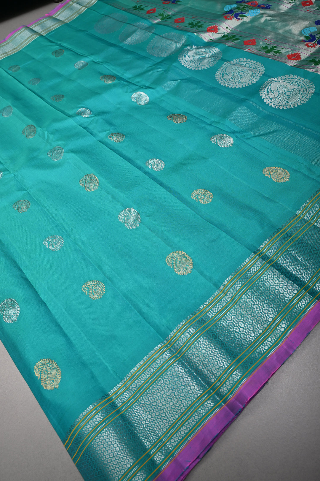 Turquoise Pure Gadwal Silk Saree with Gold Silver Buttas and Zari Border | SILK MARK CERTIFIED | SHOBITAM