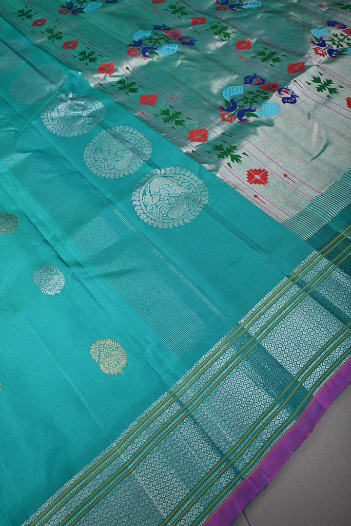 Turquoise Pure Gadwal Silk Saree with Gold Silver Buttas and Zari Border | SILK MARK CERTIFIED | SHOBITAM