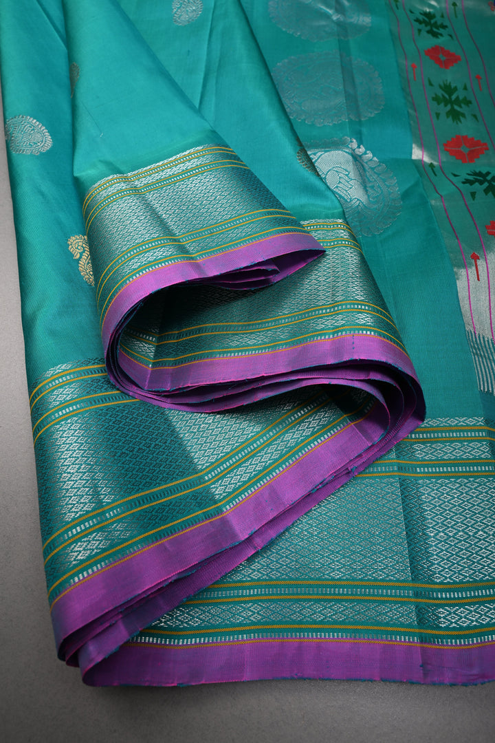 Turquoise Pure Gadwal Silk Saree with Gold Silver Buttas and Zari Border | SILK MARK CERTIFIED | SHOBITAM