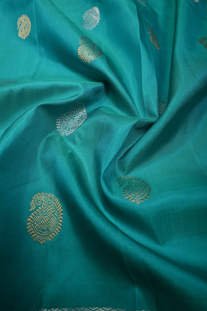Turquoise Pure Gadwal Silk Saree with Gold Silver Buttas and Zari Border | SILK MARK CERTIFIED | SHOBITAM