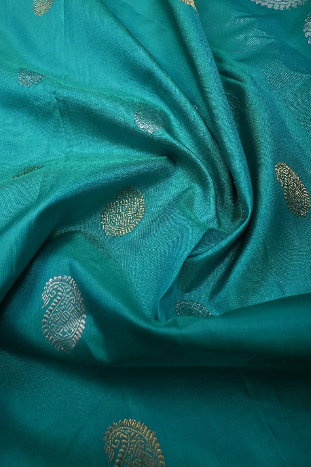 Turquoise Pure Gadwal Silk Saree with Gold Silver Buttas and Zari Border | SILK MARK CERTIFIED | SHOBITAM