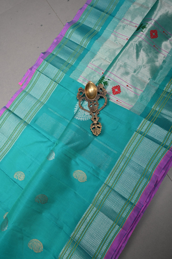 Turquoise Pure Gadwal Silk Saree with Gold Silver Buttas and Zari Border | SILK MARK CERTIFIED | SHOBITAM